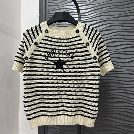 Classic Striped Embroidered Short Sleeve
