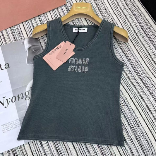 Washed Distressed Diamond-Encrusted Letter Vest
