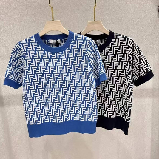 Classic All-Over Letter Print Knitted Short Sleeve