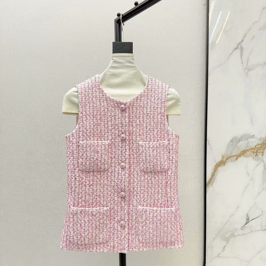 Classic Round-Neck Tweed Vest Jacket