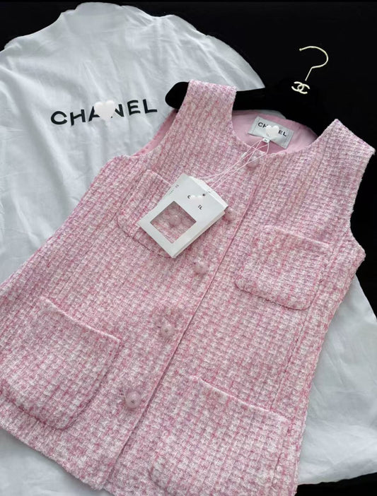 Classic Round-Neck Tweed Vest Jacket