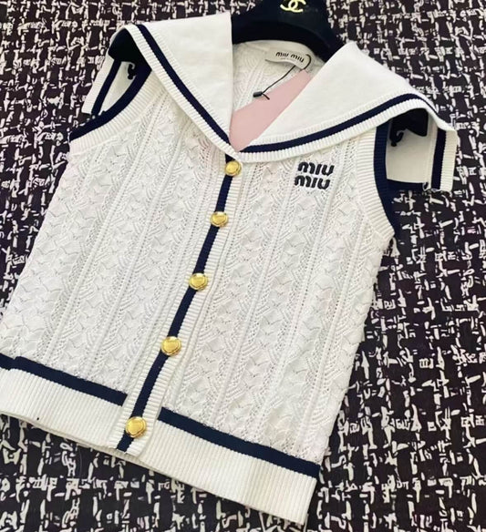 Color-Block Striped Sailor Collar Knit Vest